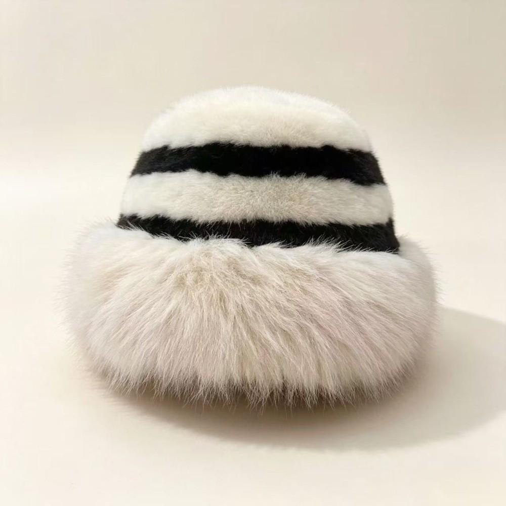 Wide Brim Fur Bucket Hat Faux Fur Striped Fisherman Cap Fashion Plush Hat Winter