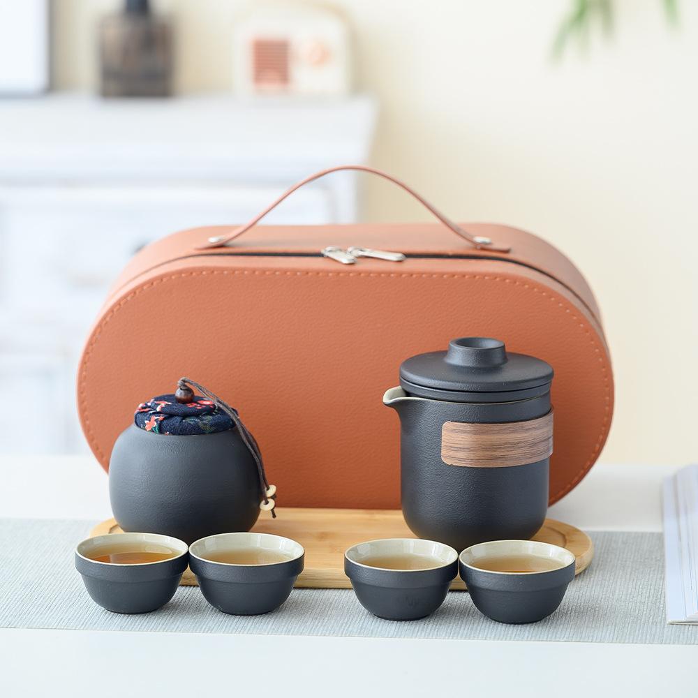 Classic black pottery travel tea set Car express cup Portable Kung Fu tea set Camping Outdoor tea making festival