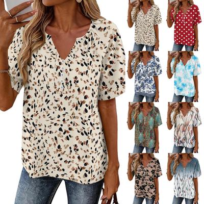 Women's Fashionable Casual Floral Print Button V-neck Short-sleeved Top