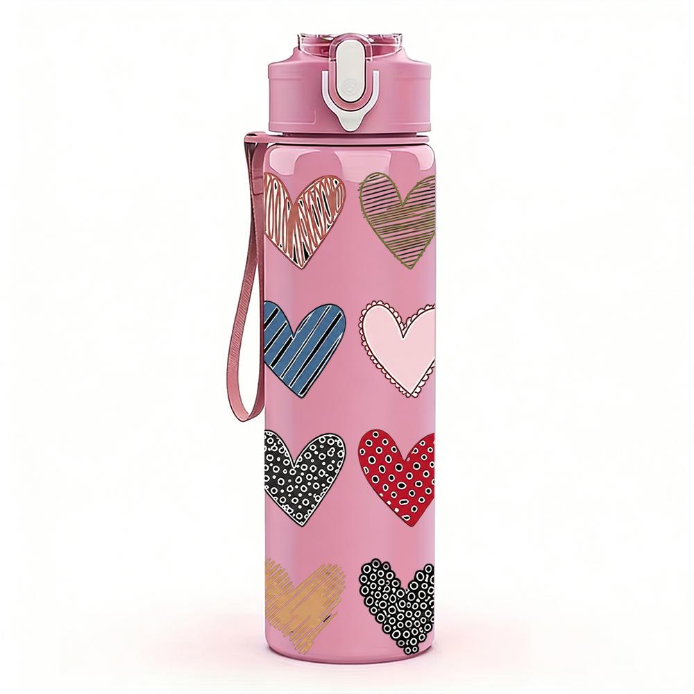 1PC Multi Pattern Heart Grid Layout 750ml Color Plastic Sports Water Bottle Leakproof Flip Straw Lid Suitable for Sports Office Home Use