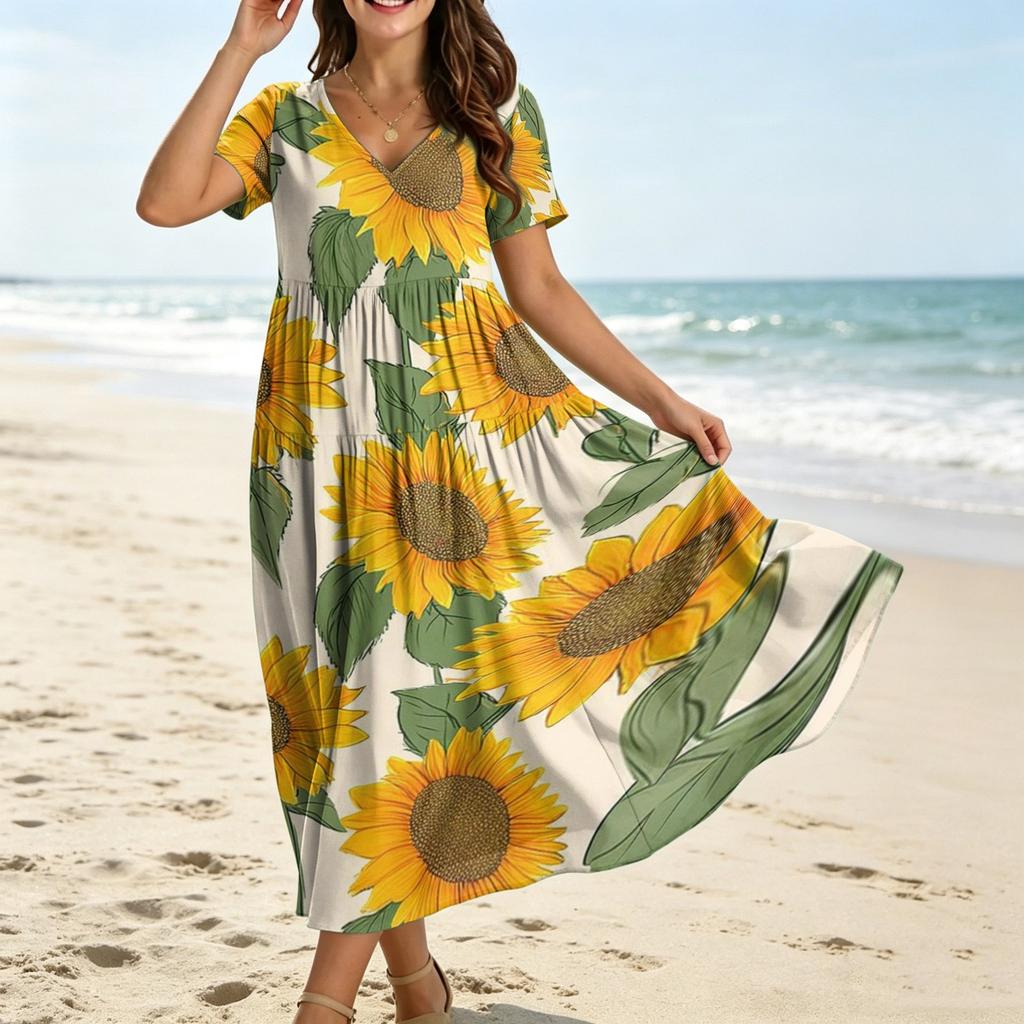 Robe longue à fleurs style bohémien pour femmes, décontractée, ample, manches courtes, longue, Maxi, robe de plage, été