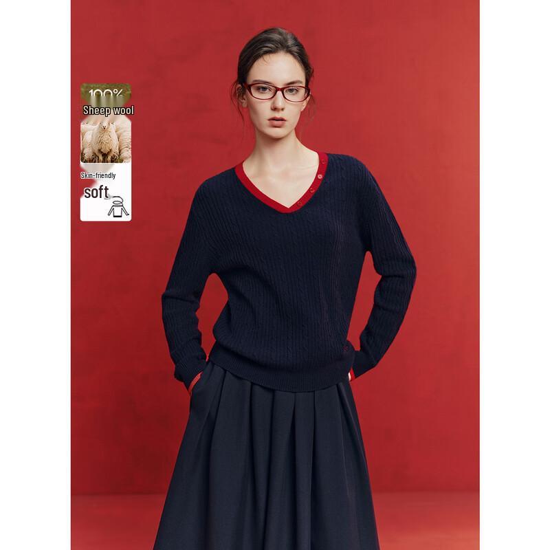 ELLE Women s 100% Merino Wool French Color-Block Round Neck Sweater M