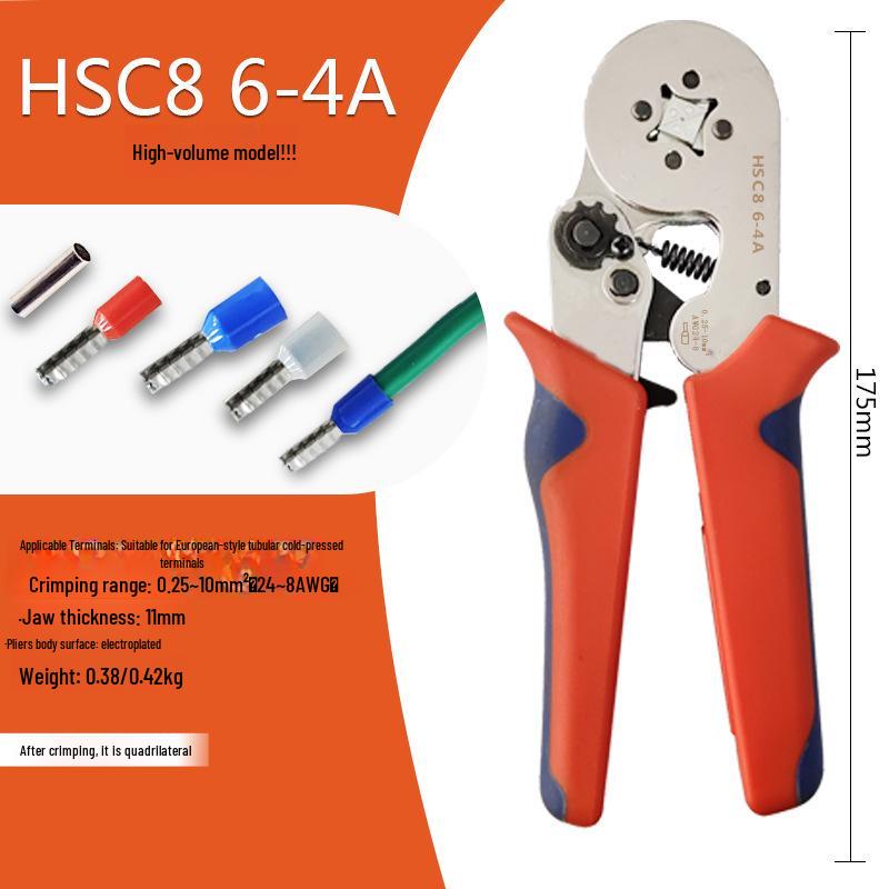HSC8 6-4A Self-Adjusting Crimping Tool for VE Tube Terminals, 0.25-10mm Range, Quadrilateral Crimping.