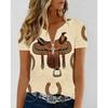 Fashionable and Elegant Zipper V-neck Color Blocked Printed T-shirt, Plus Size Women's Short Sleeved Summer Loose T-shirt