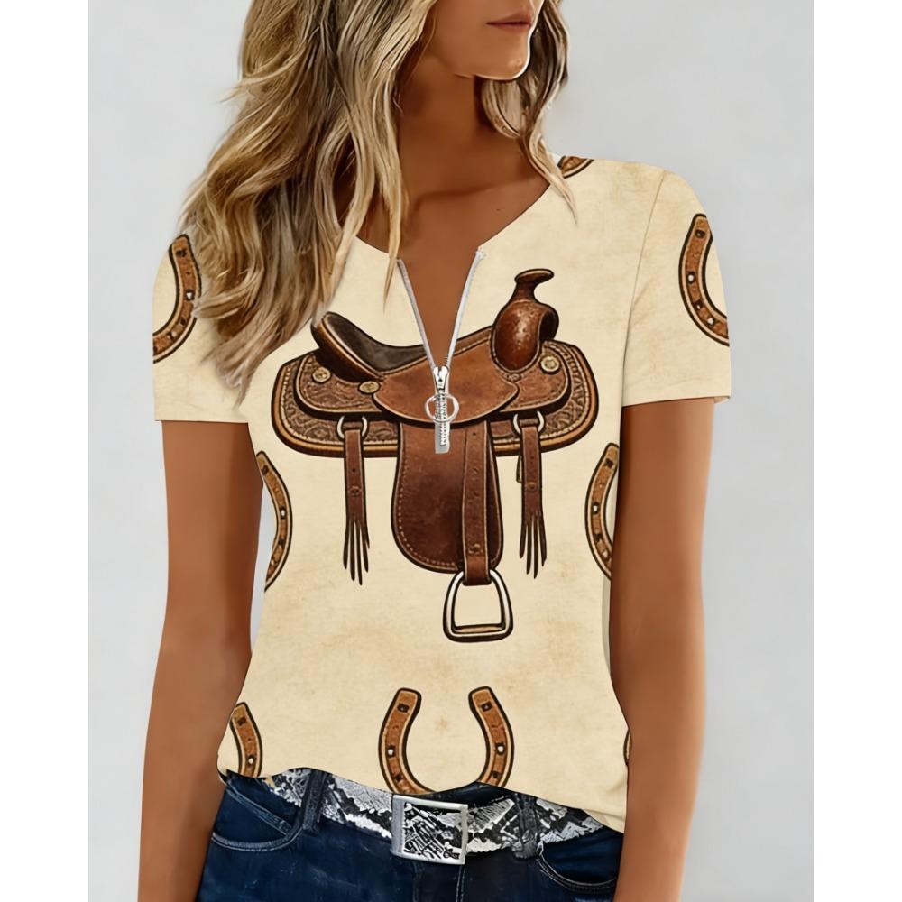 Fashionable and Elegant Zipper V-neck Color Blocked Printed T-shirt, Plus Size Women's Short Sleeved Summer Loose T-shirt