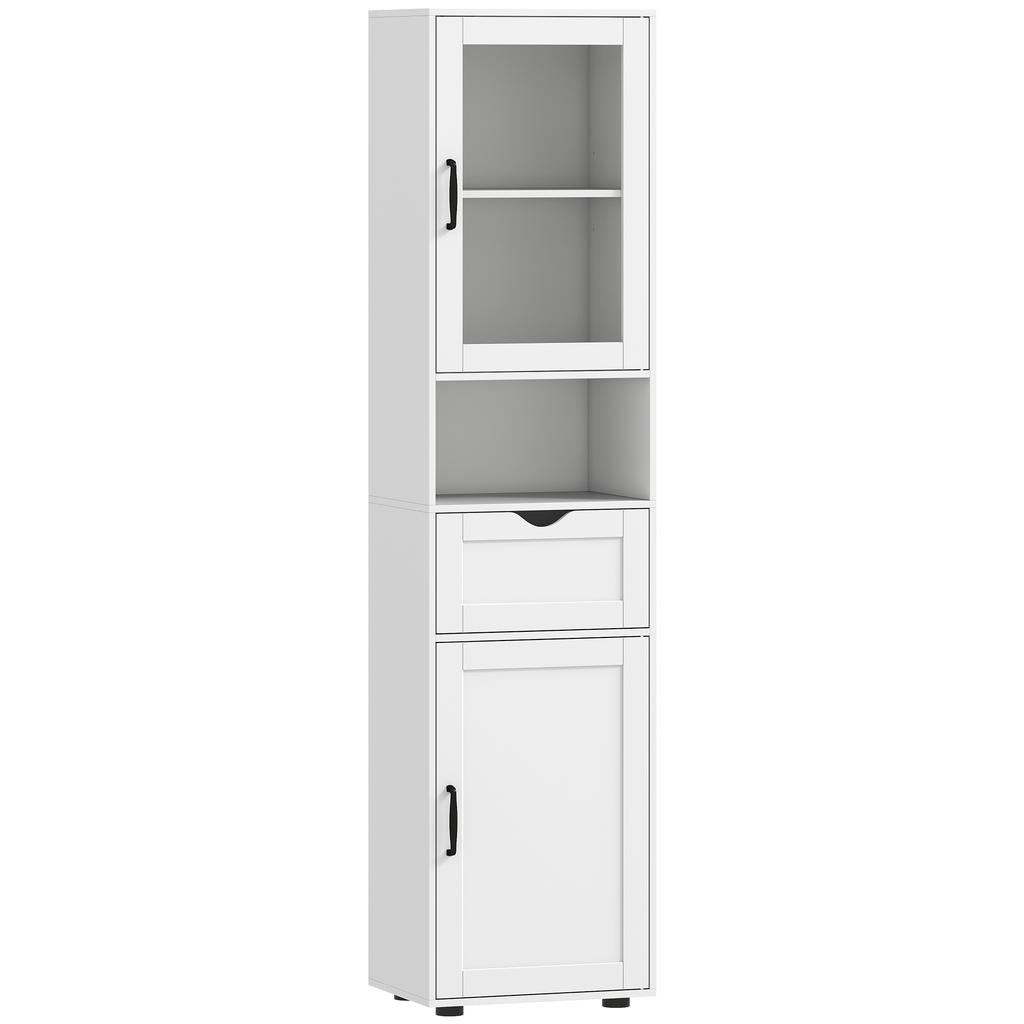 Narrow Bathroom Column with Glass Door Adjustable Shelves Drawer Open Shelf 40x30x165 Cm White