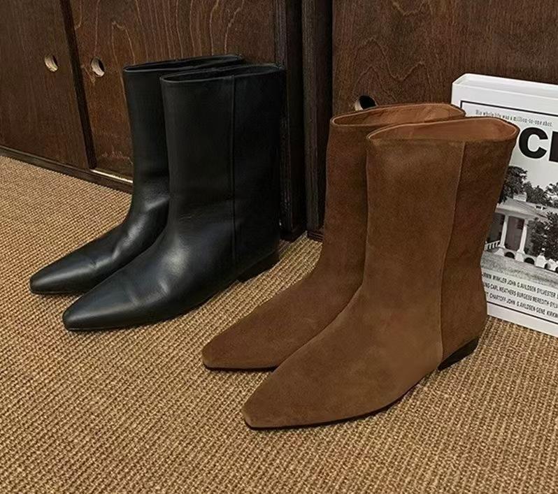 Cowhide version~ 2025 new autumn and winter retro western cowboy boots for women Maillard brown suede flat short boots for women