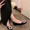 2025 New Spring and Autumn French Square Head Gentle Grandma Wind Shallow Mouth Rhinestone Flat Thick Heel Commuting Shoes Women Single Shoes Women