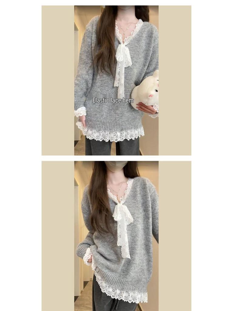 Women's Autumn Patchwork Lace Bow Long Sleeve Sweater - Casual & Sweet Style