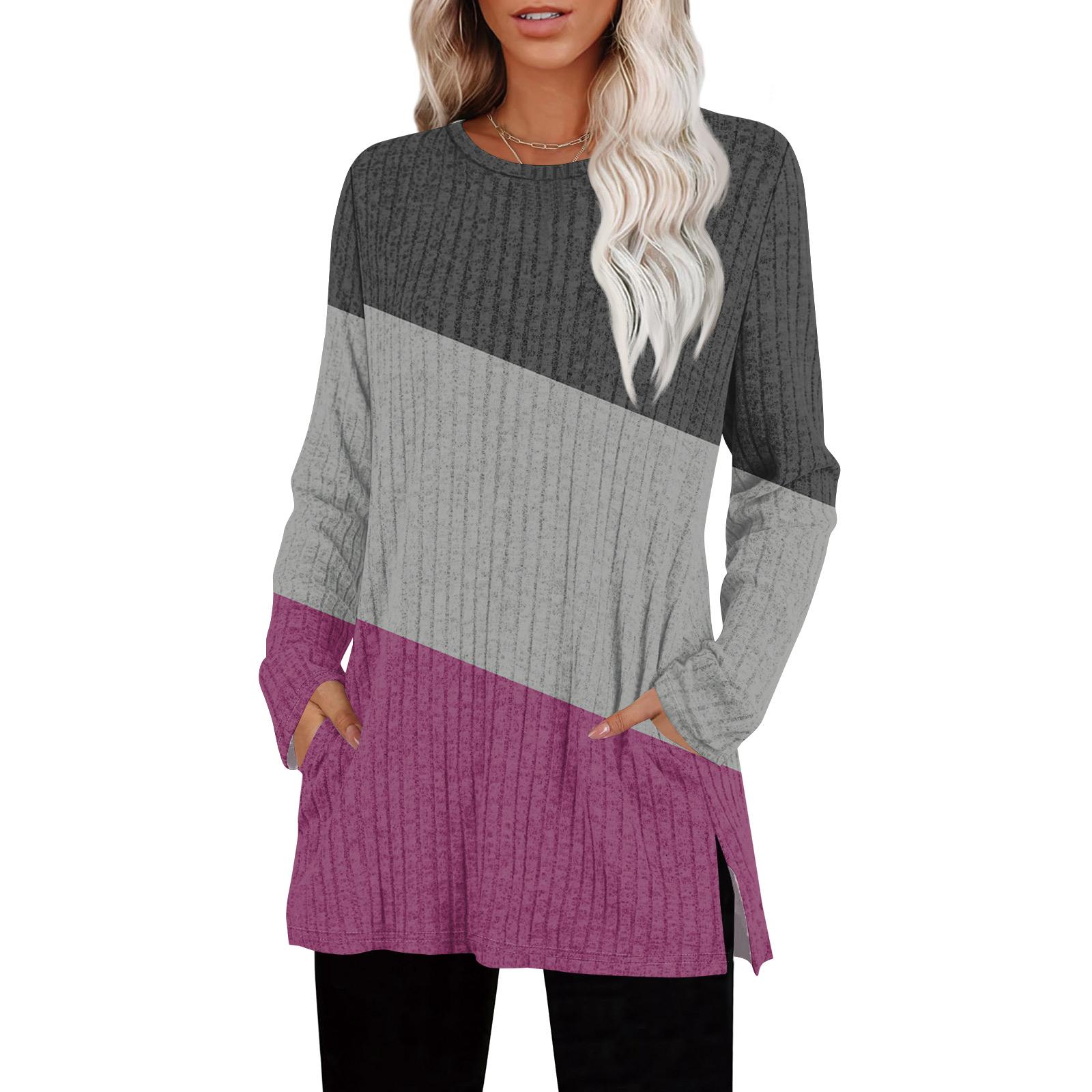 

Женские свитера с круглым вырезом, рубашки с длинным рукавом и карманами, осенние наряды, модная зимняя одежда, боковой разрез XL фиолетовый