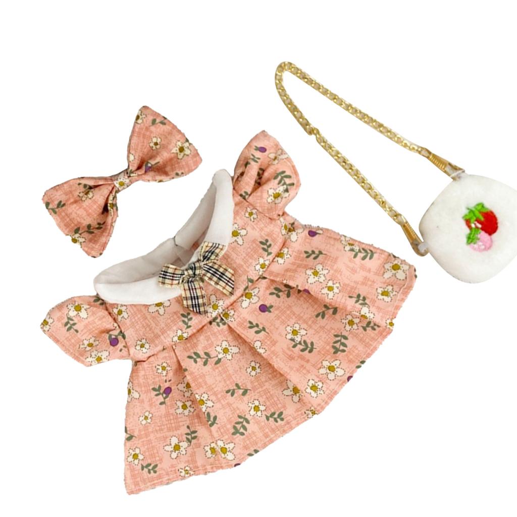 Girl Doll Clothes Accessories with Shoes Bow Bag for 20cm Dolls Floral Print Cute Girl Doll Clothing