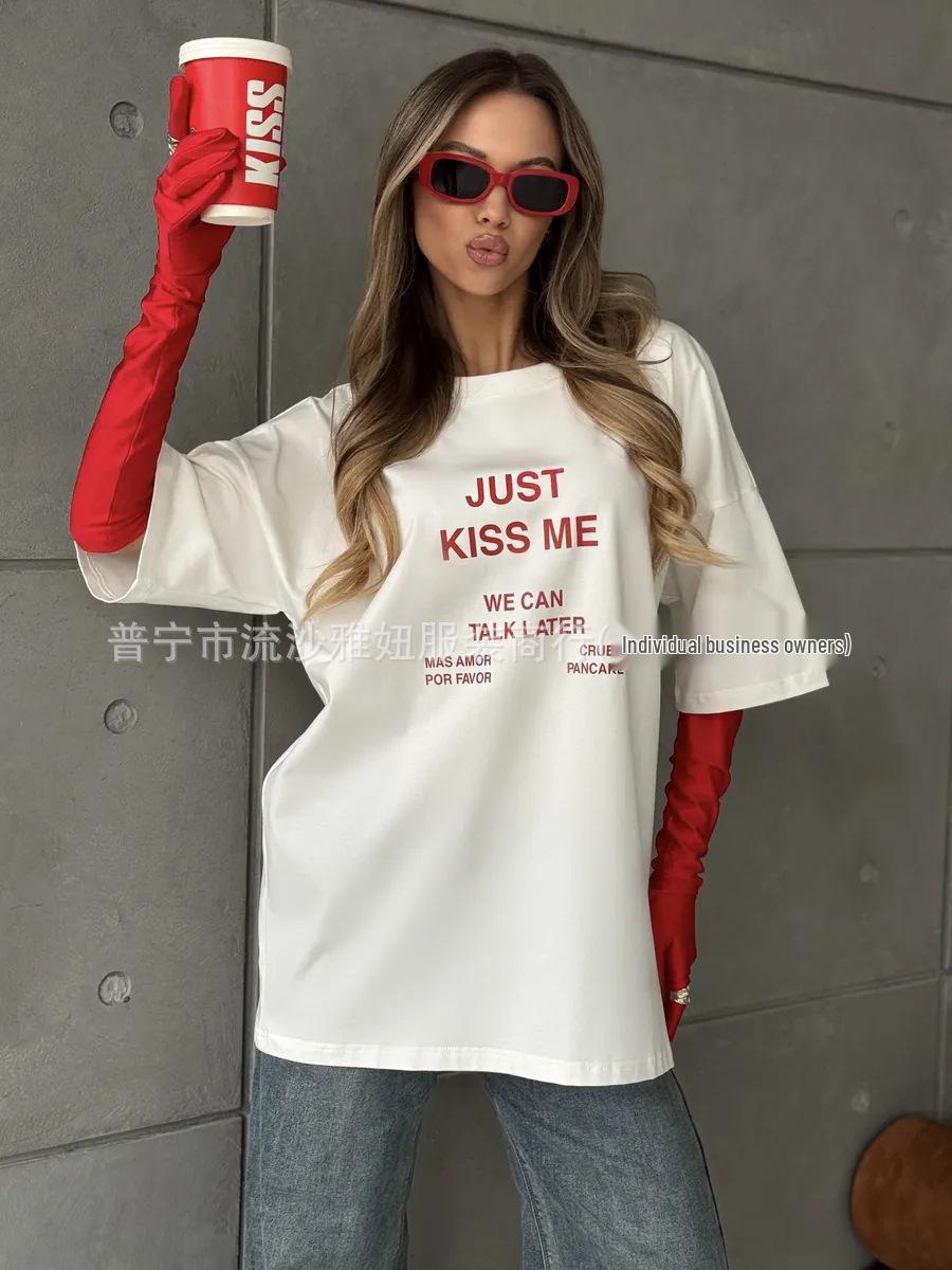 

Trendy Niche Letter Print Cotton T-shirt - Chic Summer Short Sleeve Top XXL белый