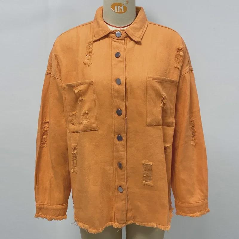 European/American Retro Denim Jacket - Women's Lapel Long-sleeve Streetwear with Raw Edge and Distressed Details.