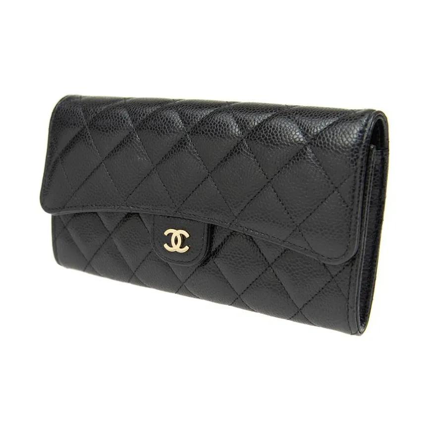 CHANEL 23P Classic Quilted Long Style Grain Embossed Calfskin with Metal Card Holder Wallet for Women Black