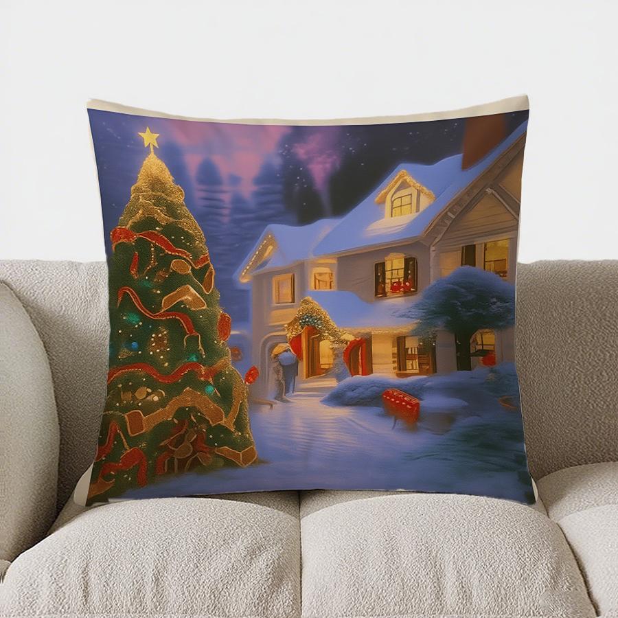 Home Decor Snowy Village Nighttime Decorative Throw Pillow Pattern Cushion Cover Suitable For Sofa Bedroom Car Pillow Cover