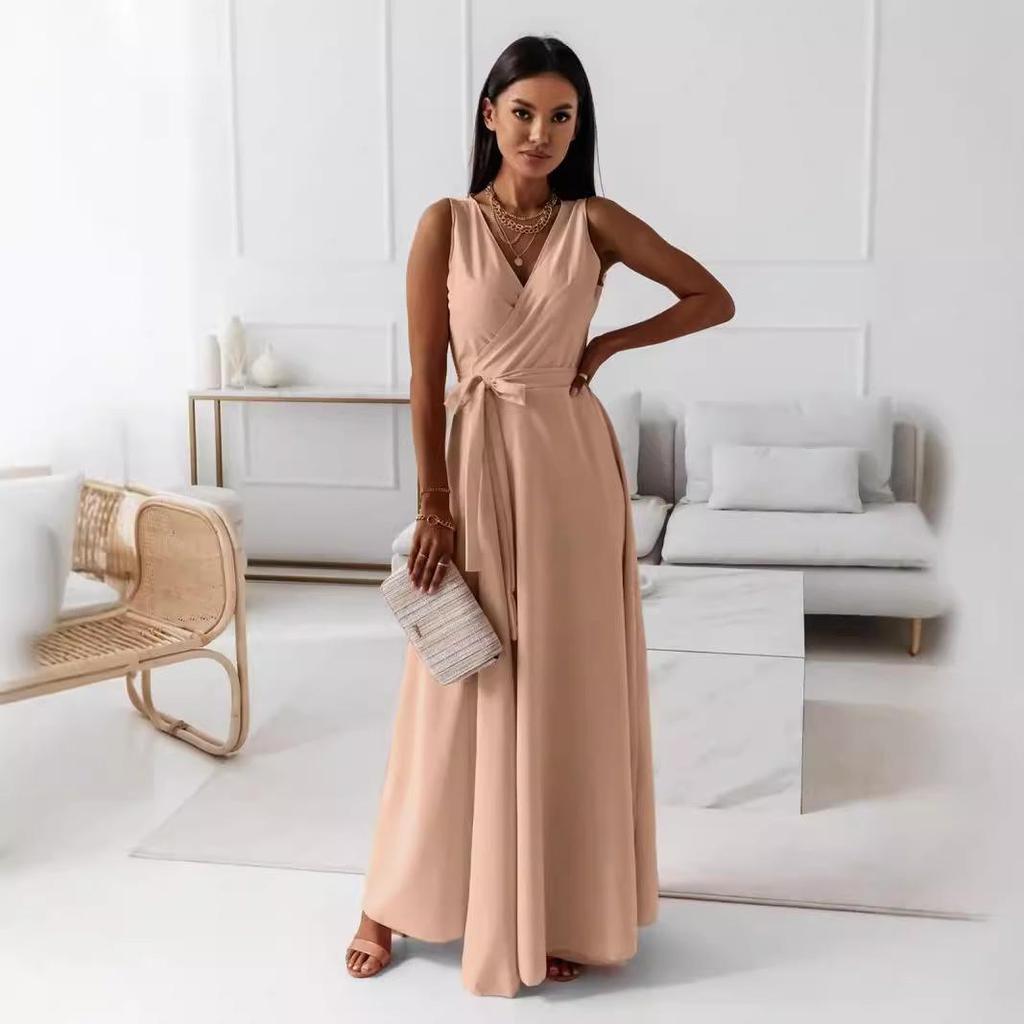 2026 Women's Lace-up V-neck Long Evening Gown - European & American Style