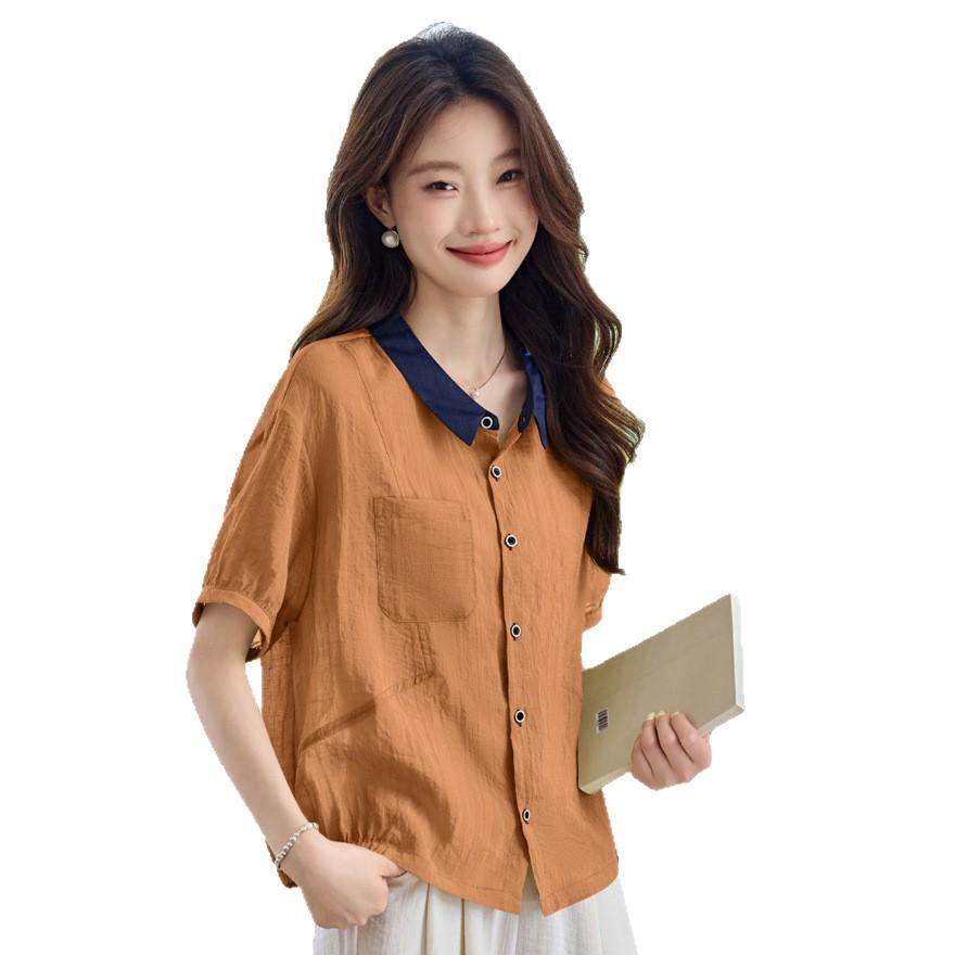 Summer fashion niche design sense contrasting color lapel loose casual versatile short-sleeved shirt women