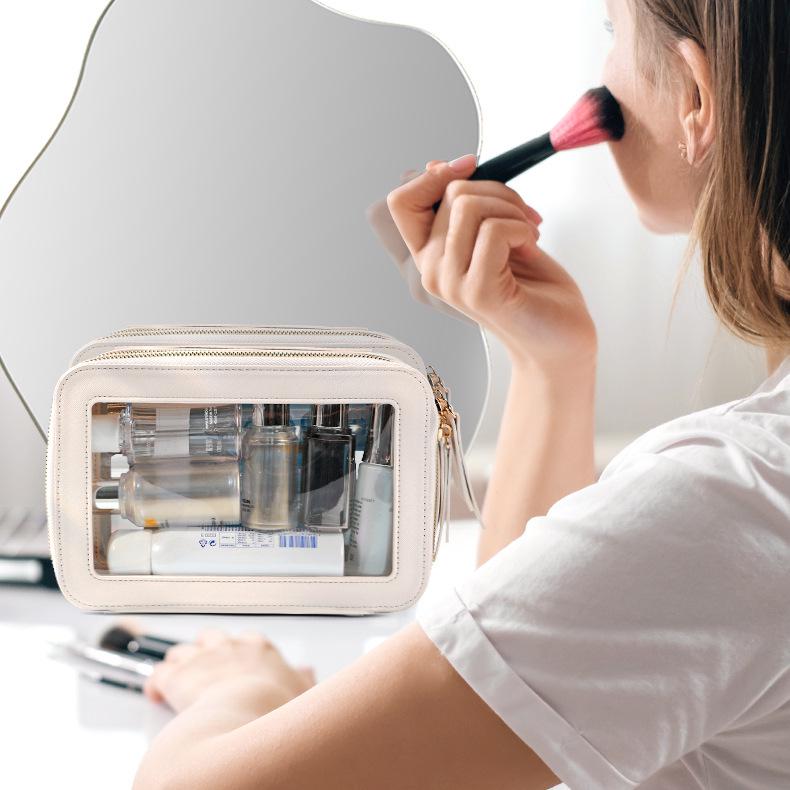 Waterproof Large-Capacity PU Makeup Bag - Portable Double-Layer Transparent Design