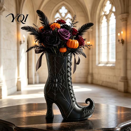 Decorative Mantel Ornament Gothic Witch Boot Vase, Halloween Table Centerpiece Black Spider Web Plastic Floral Arrangement Stand High Heel,
