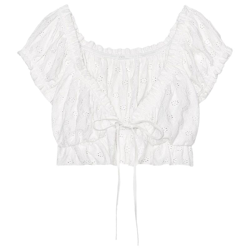

Zaprha2025 Summer New Western Style Bows Shoelace Shirt Ruffled Short Sleeves V Neck Short Top 0085332 White L