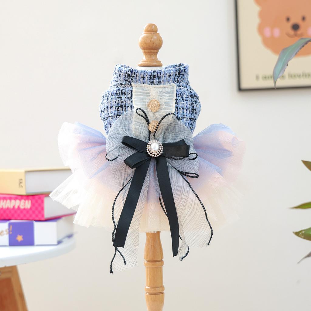 Luxury Tweed Cat Dress Bow Hair Clip + Pearl Necklace + Layer Tulle Skirt Outfit, Elegant Princess Pet Clothes for Dogs Cats