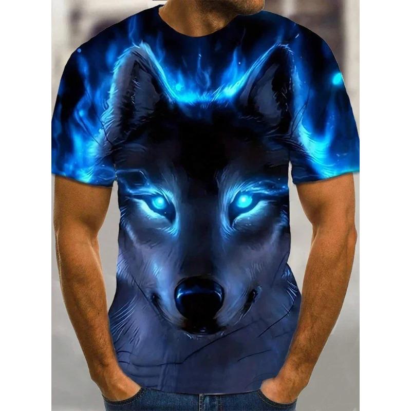 Different Pupil Wolf Print Men's T-shirt Urban Street Fashion Short-sleeved Summer Outdoor Sports Tee