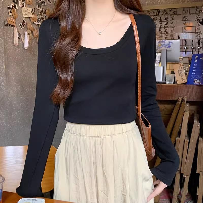 

Футболка с длинными рукавами и U-образным вырезом в стиле ретро для женщин на осень и зиму, новый большой вырез, простая и универсальная, горячая девушка, короткая рубашка с ключицами, верхняя часть XL