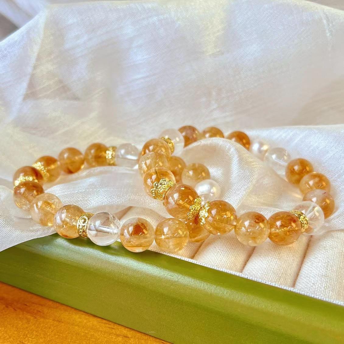 Vintage Premium Sense 10Mm Natural Citrine Citrine Pearl White Crystal Bracelet Women S Bracelet Niche