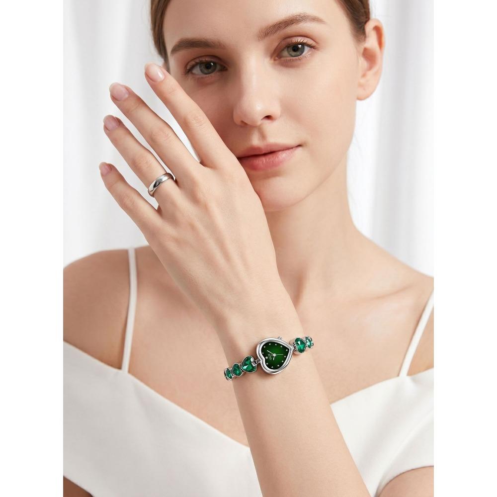 GEDI Women Quartz Wrist Watch Heart Shaped Dial Rhinestone Decor Metal Link Bracelet Waterproof Dress Watch