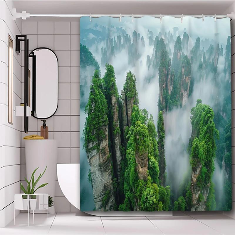 Misty Mountain Pattern Bathing Curtain  Bathroom Shower Curtain Waterproof With 12 Hooks Home Deco