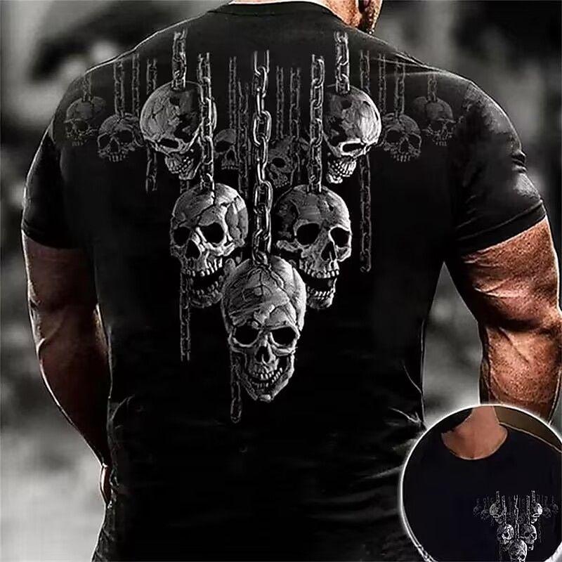 2026 New Summer Hot Sale Double Gun Skull Digital Printing Short Sleeve Boys Handsome Personality Crew Neck T-Shirt Top