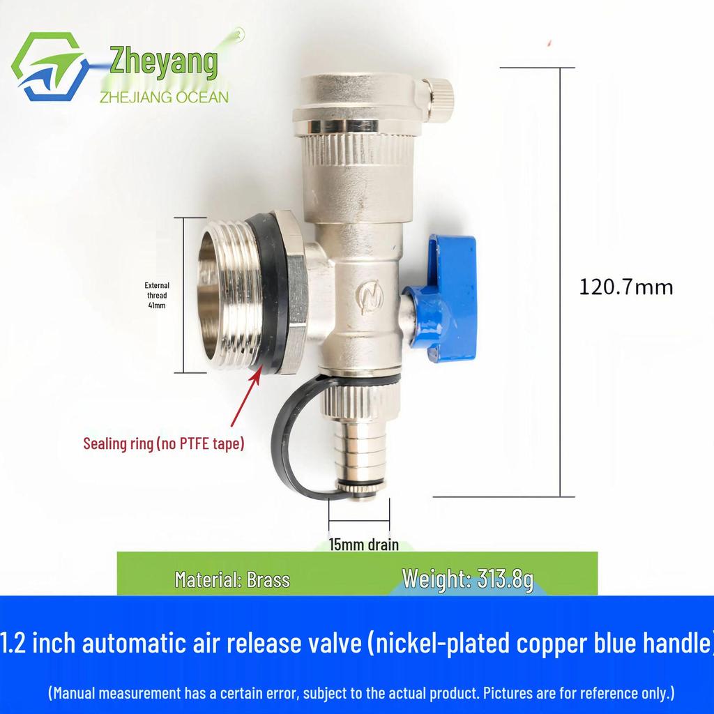 Automatic Brass Geothermal Manifold Air Vent and Water Drain Valve for Underfloor Heating, Large Flow, 1-1.2 inch Tailpiece