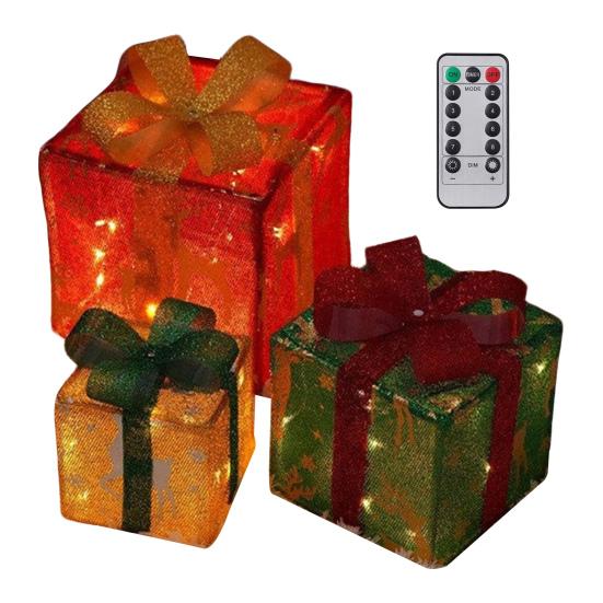 3 Stück Weihnachtsgeschenkboxen mit Beleuchtung und Schleife LED Leuchtende Geschenkboxen für Innen- und Außenbereich Zuhause Veranda Weihnachtsbaum Partydeko