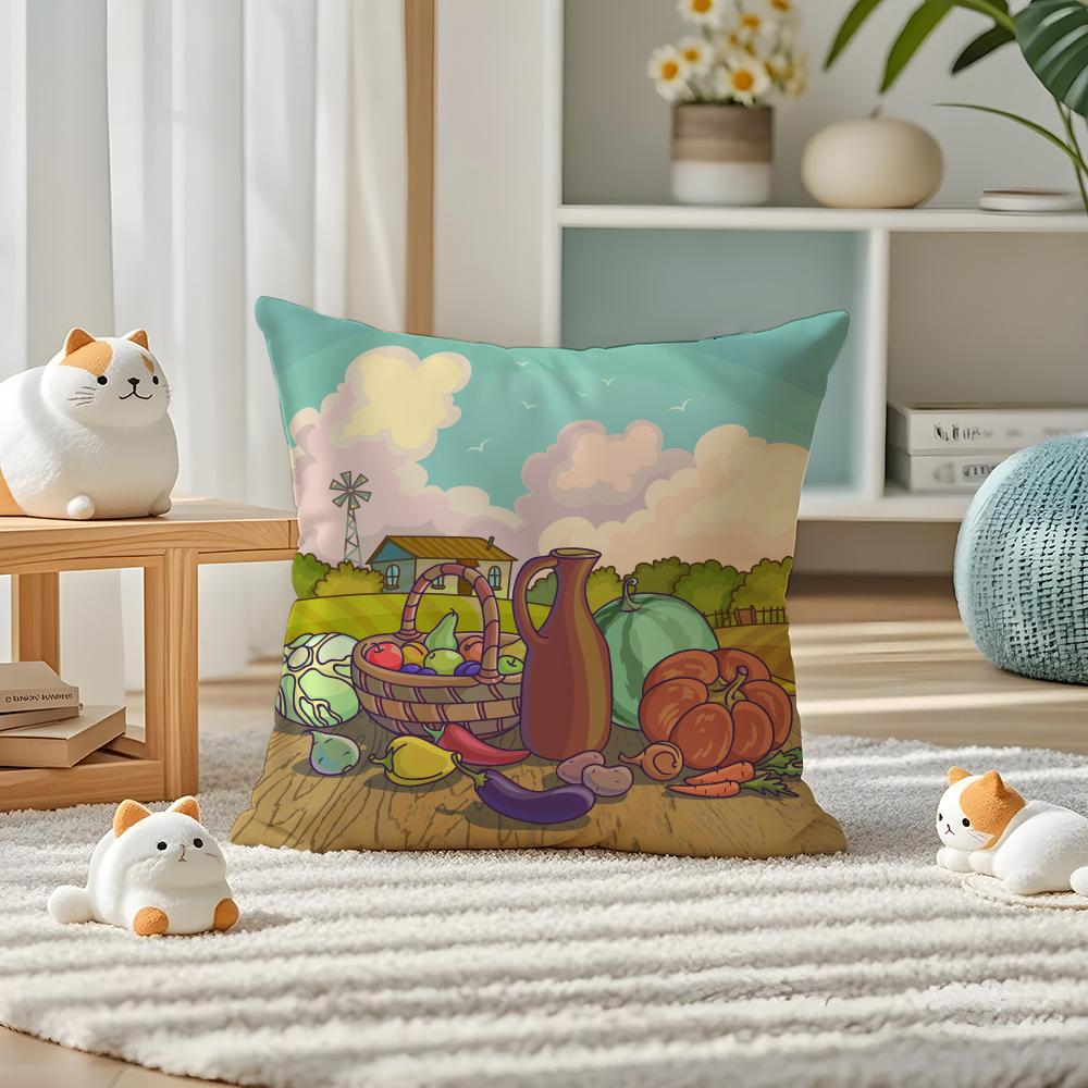Colorful Farm Painting Pillow Case Silky Elegant Comfort Sofa Bed Invisible Zipper