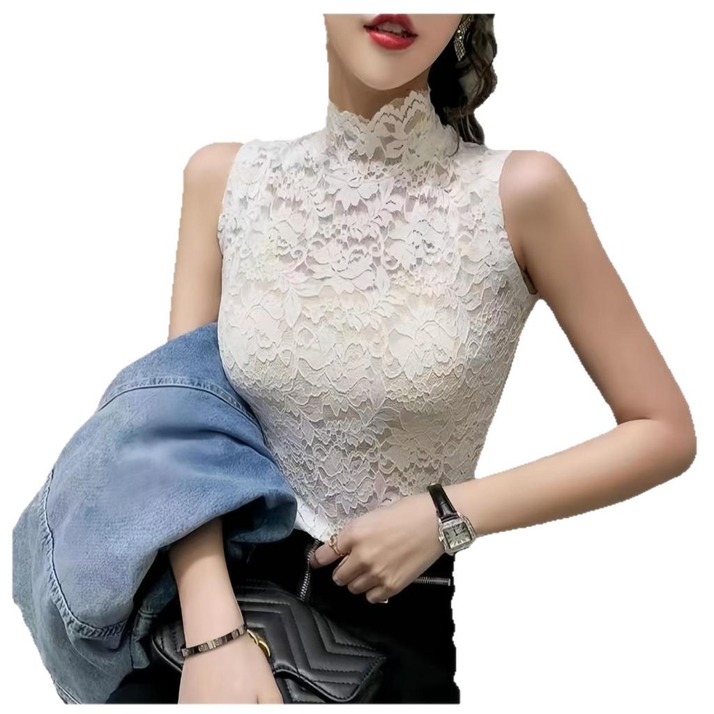 Women's Sleeveless High Collar Lace Shirt with Faux Collar