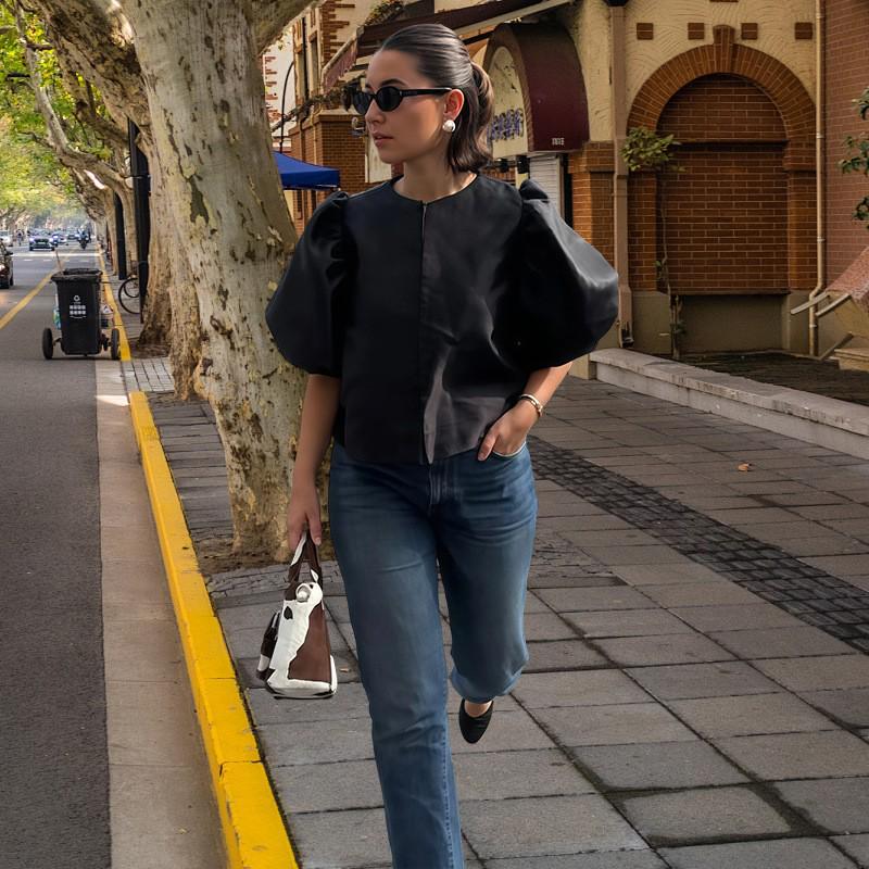 2025 Frühling/Sommer Satin Puffärmel Freizeit-Top für Damen