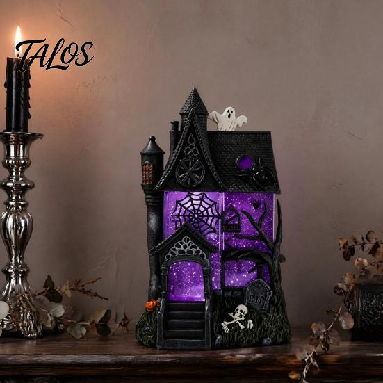 Durable Resin Craft for Halloween Gothic Glitter Village Decoration, Haunted House Figurine with Purple Ornament Holiday Lovers Windows, Spooky