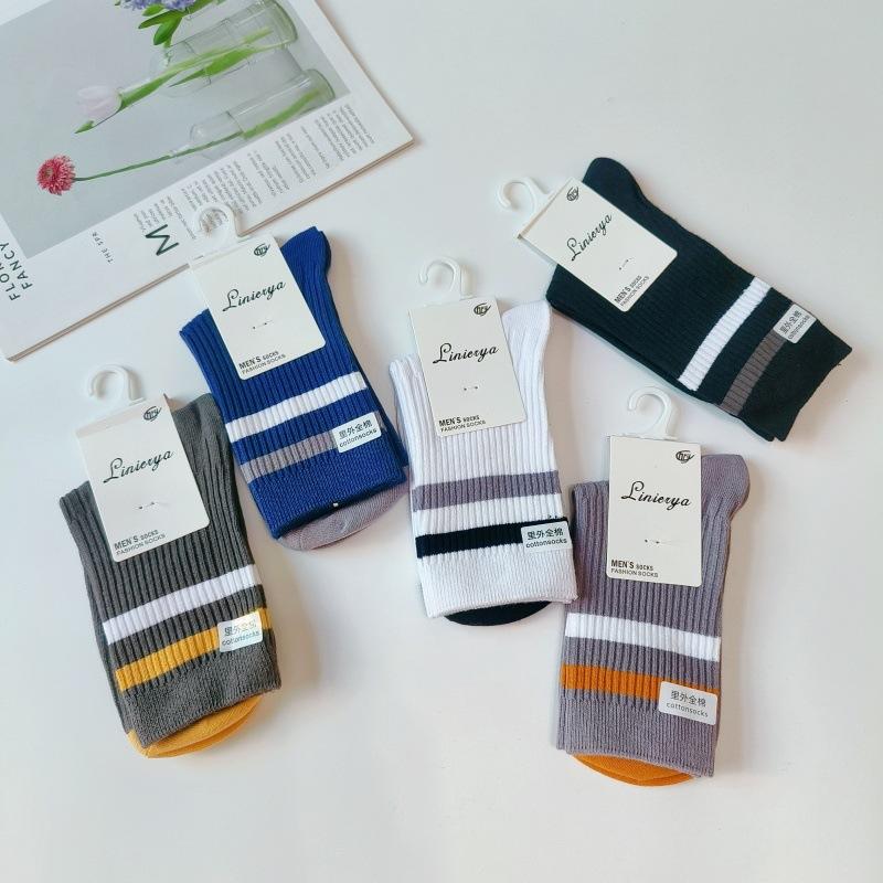 Socks Men'S Color Matching Double-Needle Medium Tube Socks Thickened Thermal Cotton Socks Trend Sweat-Absorbing Men'S Socks Zhuji