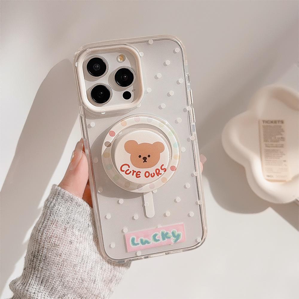 Polka Dot Bear Magnetic Snap Holder 15Promax Transparent IPhone Case 16 Applicable To 13 Anti Fall 12 Cute 11
