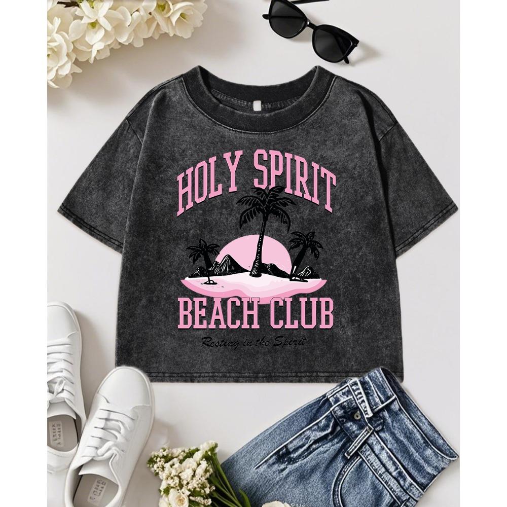 

Holy Spirit Beach Club Coconut Tree Print Women Washed Slim T Shirts Cotton Summer T-Shirt O-Neck Soft Clothes Top M