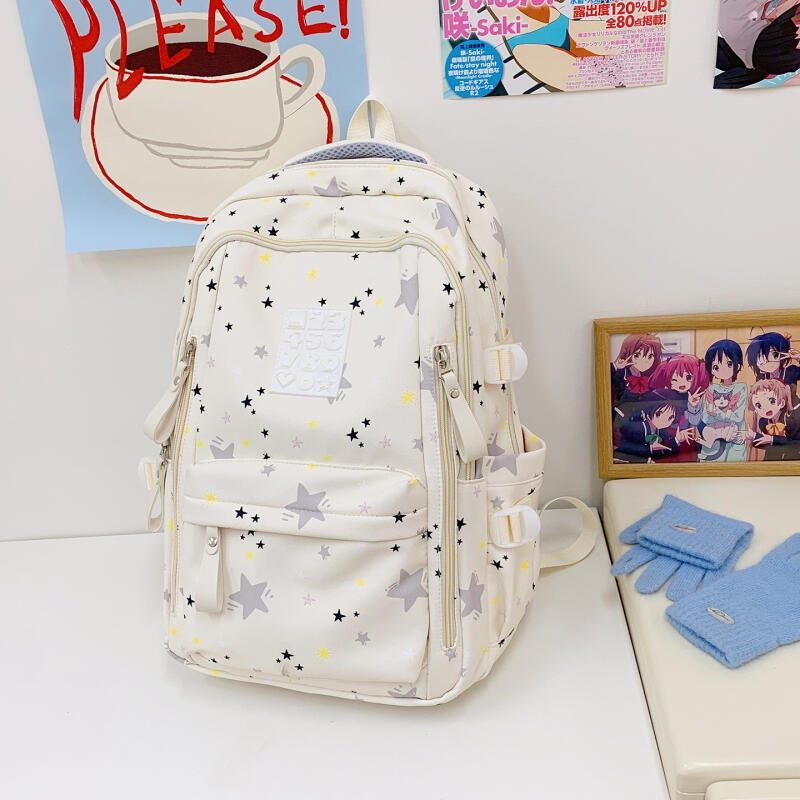 Cute Star-Print Nylon Backpack – Stylish & Lightweight School Bag for Girls, Teens, and Women