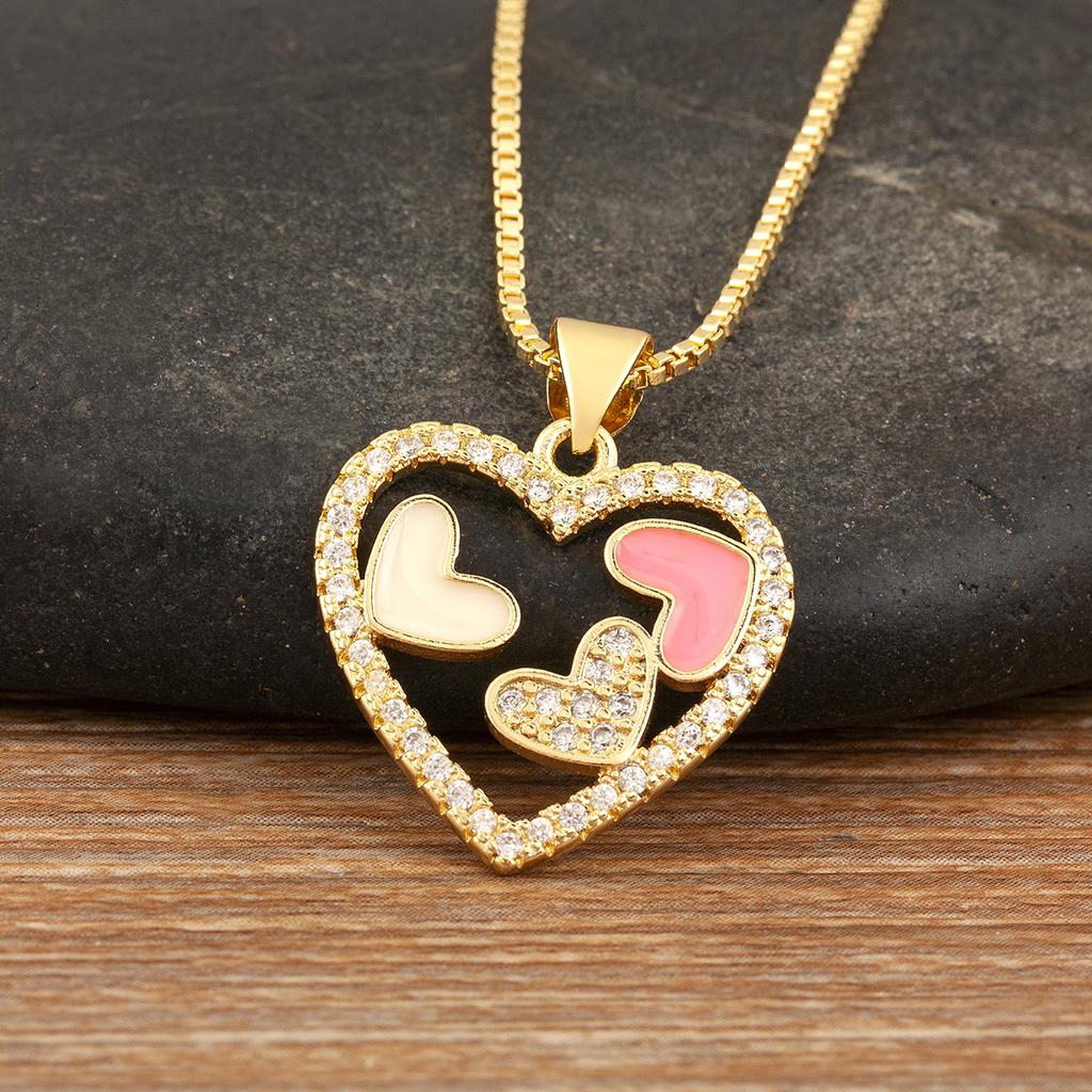 Nidin New Fashion Heart Shape Hollow Design Delicate Pendant Necklace For Women Men Inlaid Colorful Zircon Jewelry Birthday Gift
