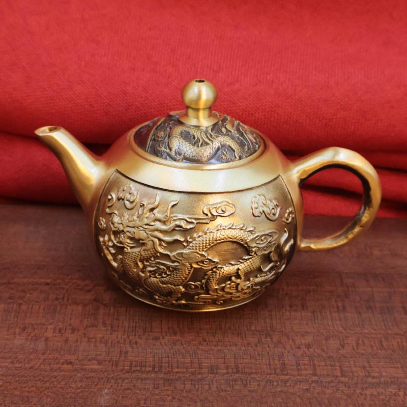 Brass Dragon and Phoenix Handheld Ornament Small Teapot Craft Set Wine Pot Office Tea Seat Home Decor