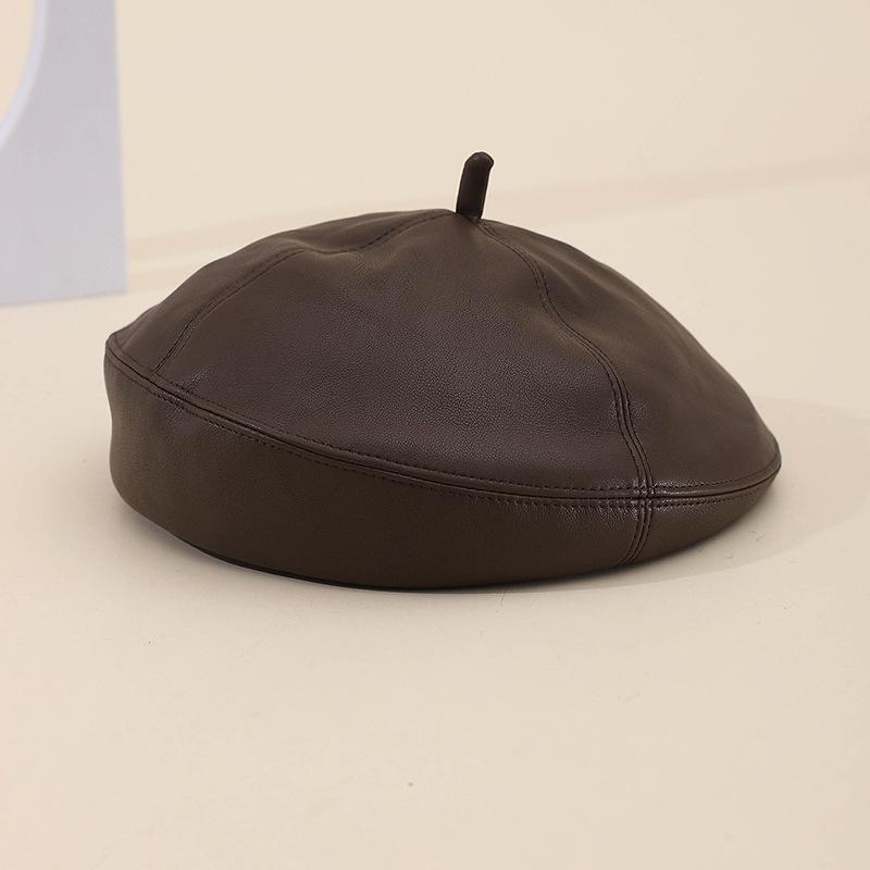 Korean Style Women'S Pu Leather Beret Hat - Solid Color Winter Painter Cap, Fashionable Autumn Winter Headwear Retro Casual
