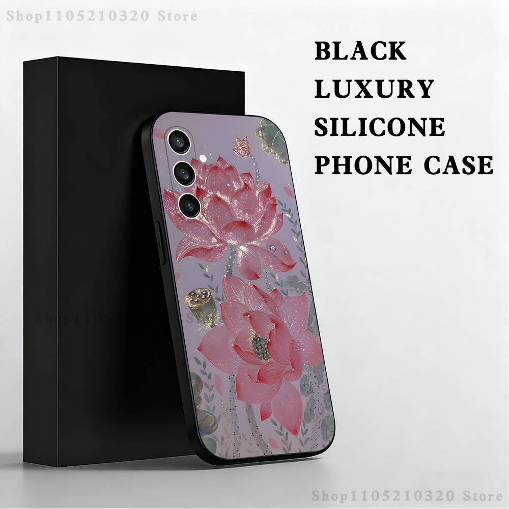 

Five Golden Lotus Pattern Phone Case For Samsung S 25,24,23,22,30,21,10,9,Ultra,Plus,Lite,FE,4,5 G Black Soft Case SamsungS25Ultra 5G