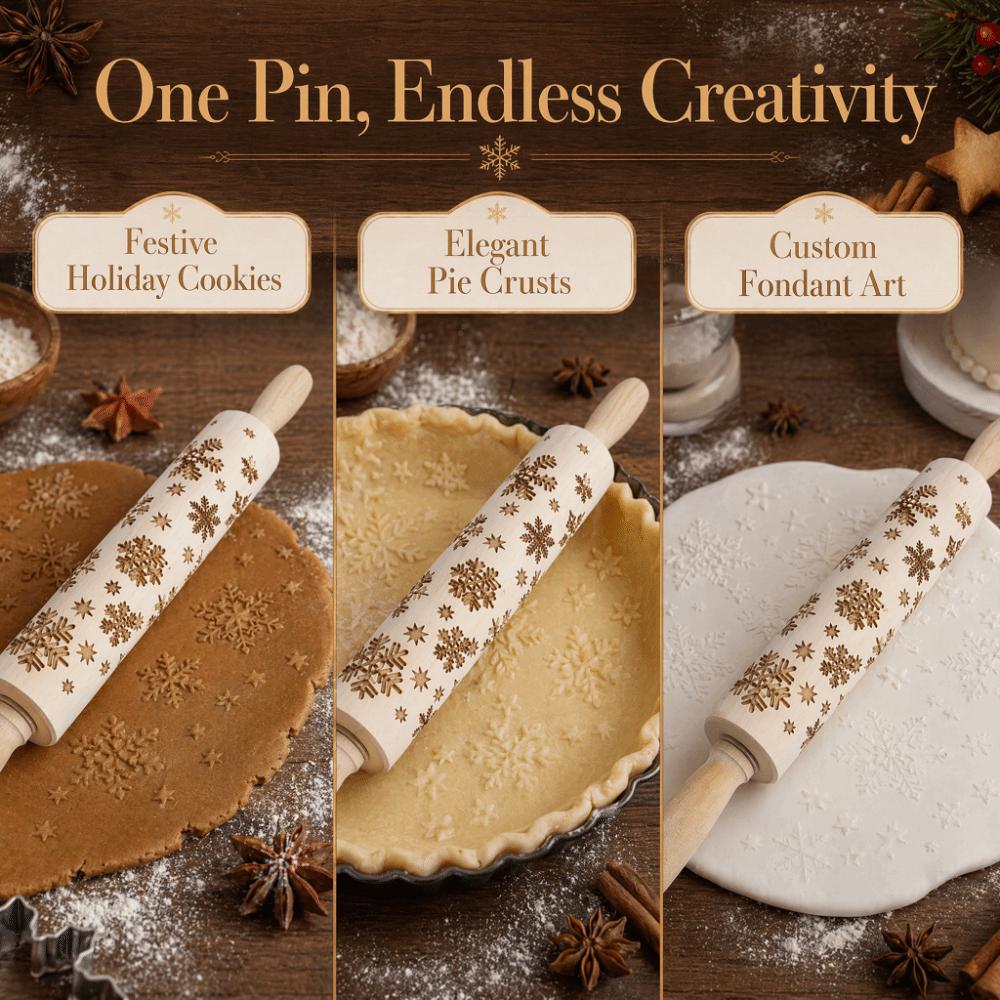 Wooden Embossed Rolling Pin Snowflake Pattern Cookie Rolling Pin Kitchen Decor