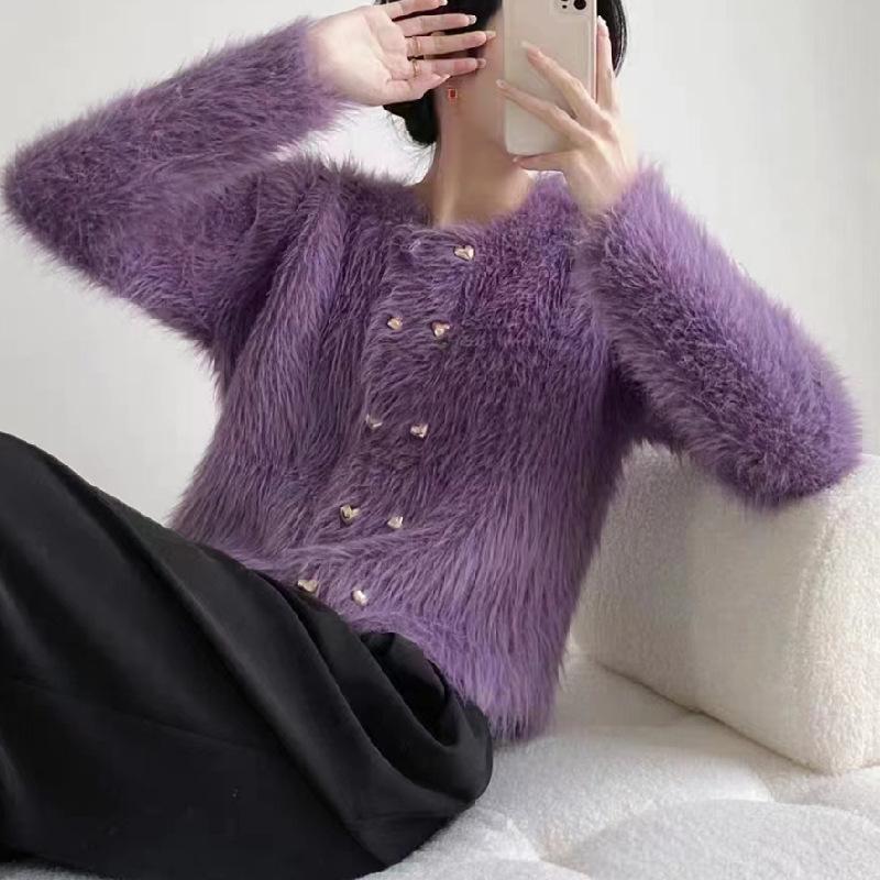French Style Noble Mink Velvet Knit Cardigan for Women: Autumn Winter Crew Neck Solid Color Double-Breasted Sweater