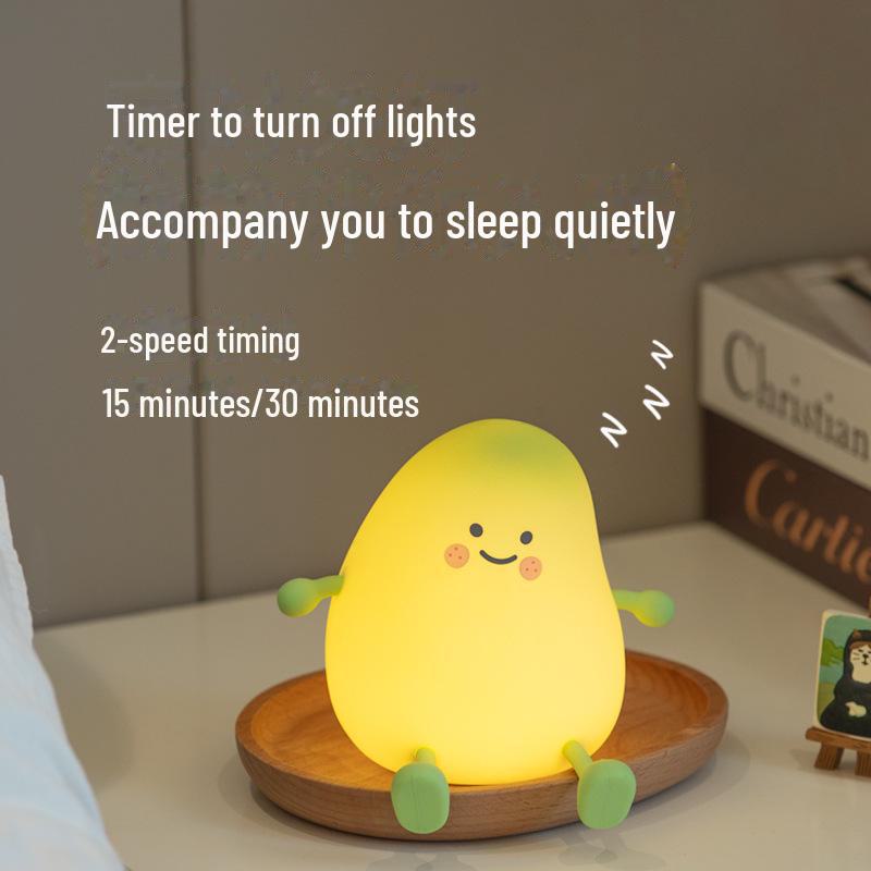Mała zielona lampka LED z silikonu w kształcie mango: Ładowanie USB, Timer, Ściemnianie dotykowe, Miękkie światło do karmienia dziecka i ochrony oczu.
