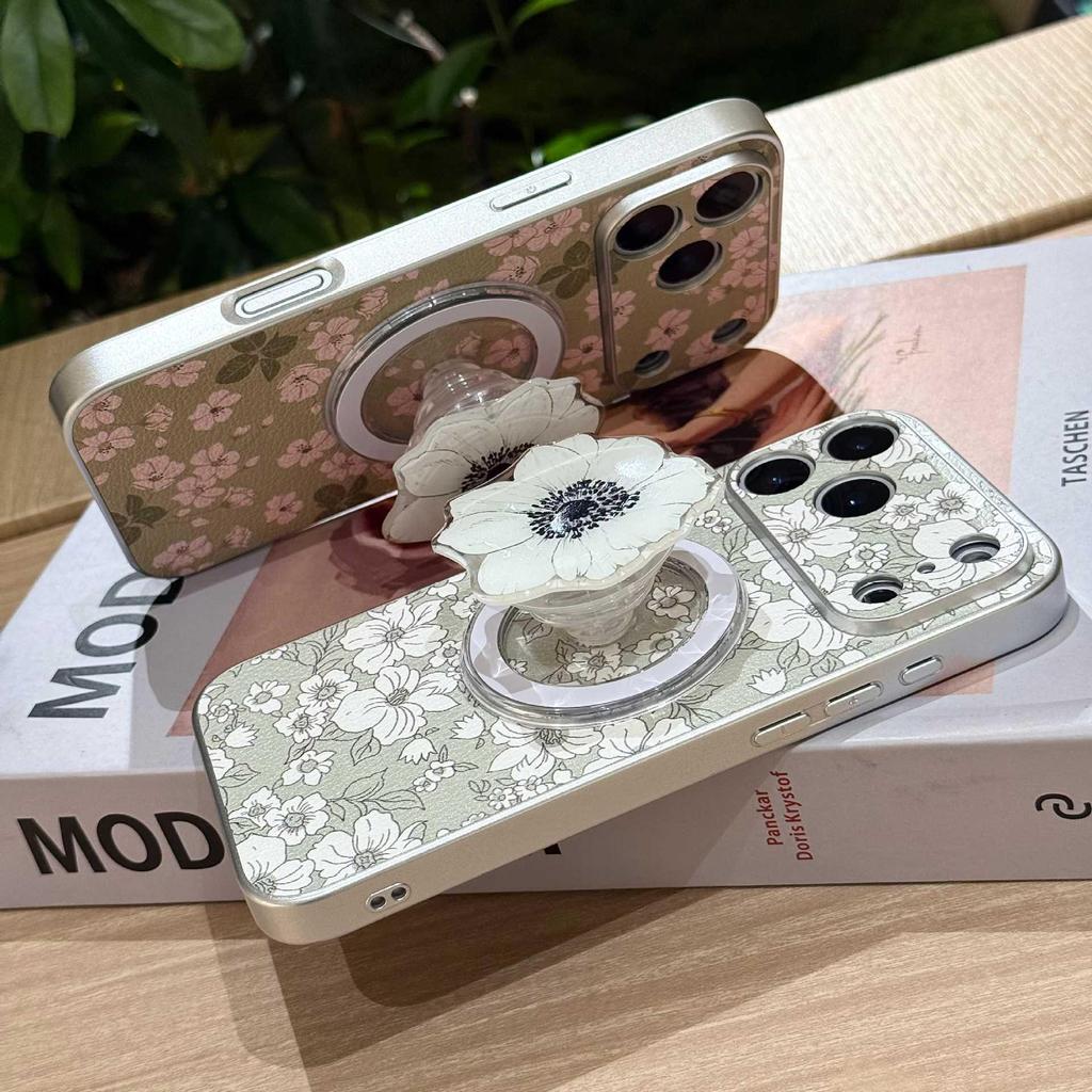 Floral Design iPhone 17 Pro Max Magnetic Protective Case with Leather Texture