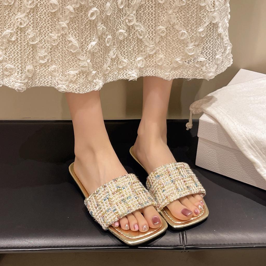 Flache Hausschuhe Damen Neu Sommer Quadratischer Zehenbereich Gewebt Strandurlaub Strandschuhe Rutschfest Offene Zehenpartie Große Größen Damenschuhe